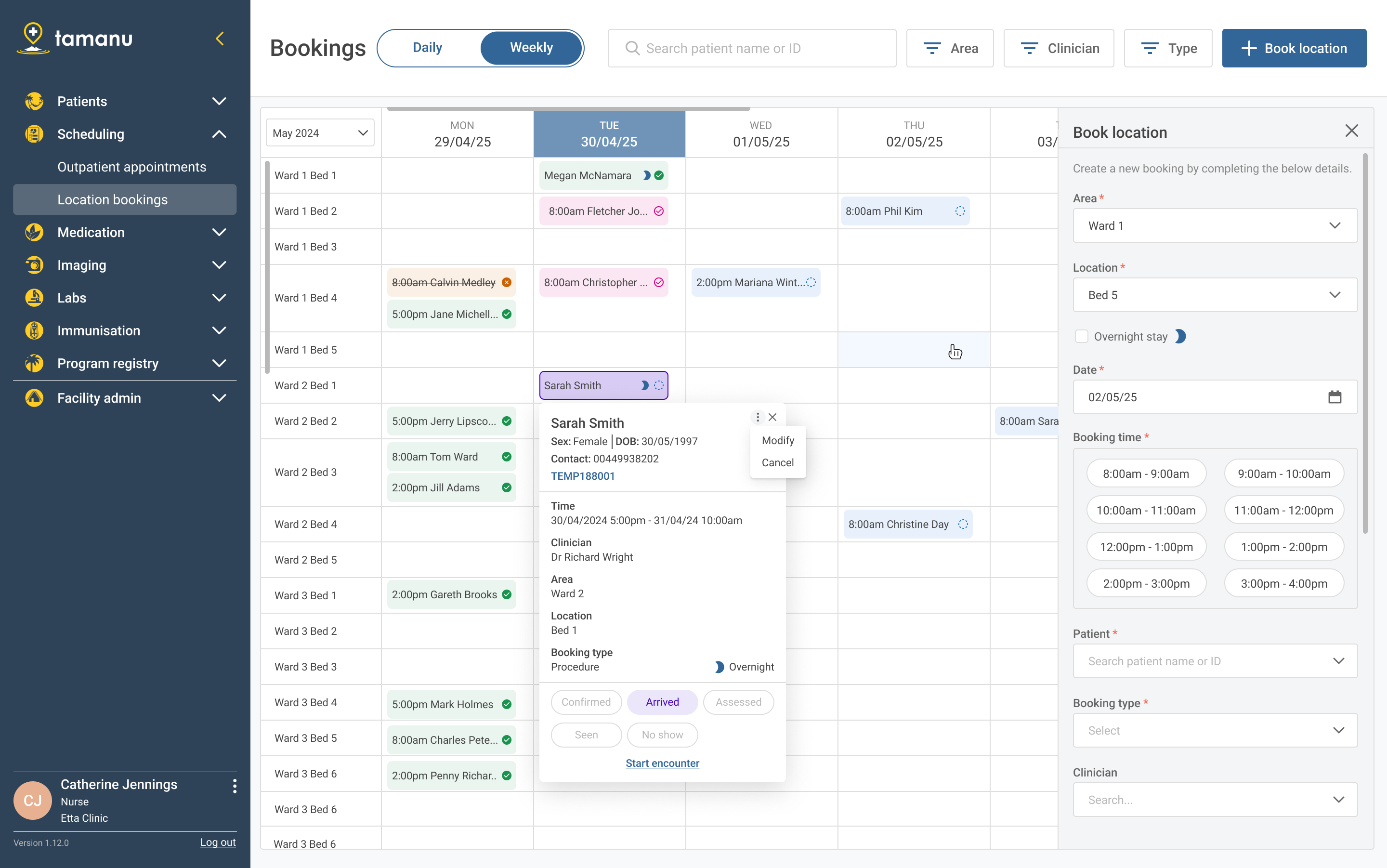 Location bookings weekly view showing availability across days